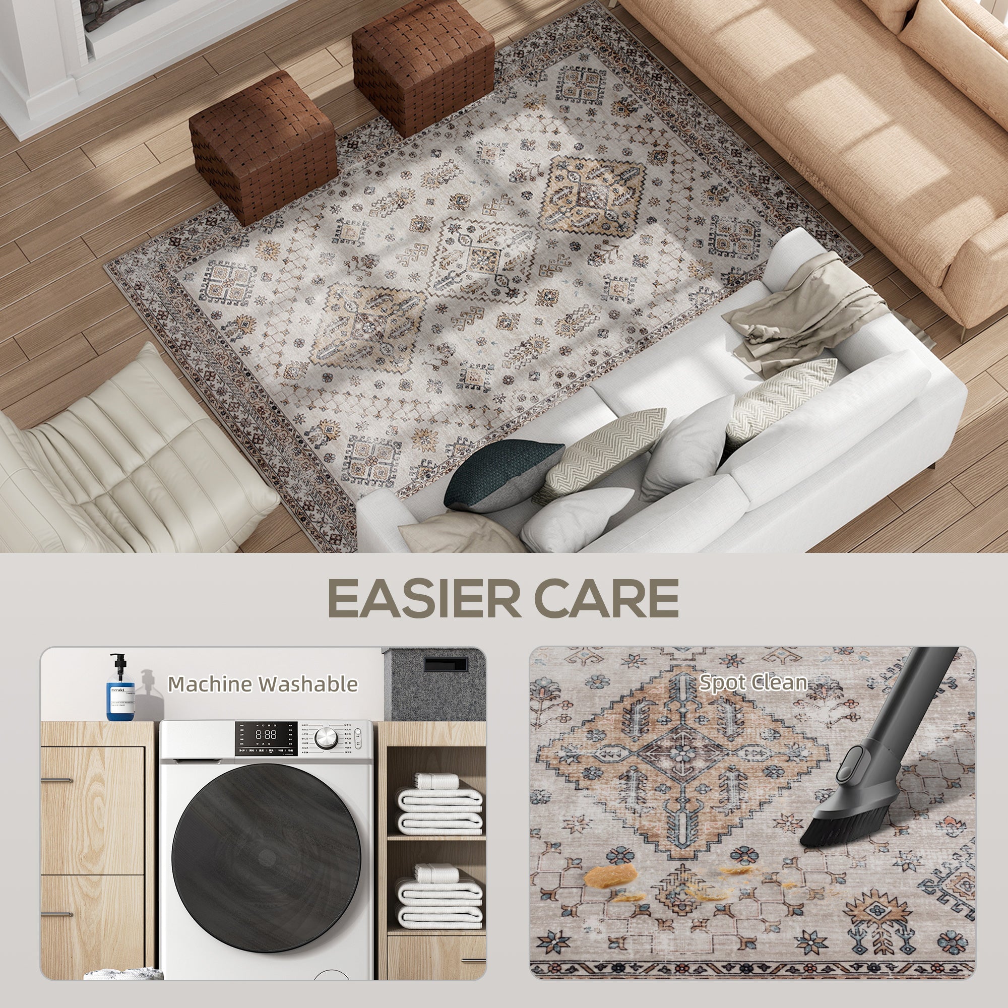 HOMCOM Vintage Area Rug, Non-Slip Washable Rug, Flannel Floor Carpet for Living Room, Bedroom, Dining Room, Home Office, 230 x 160 cm, Beige