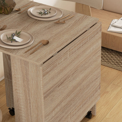 HOMCOM Folding Dining Table, Drop Leaf Table for Small Spaces with 2-tier Shelves, Small Kitchen Table with Rolling Casters, Natural 