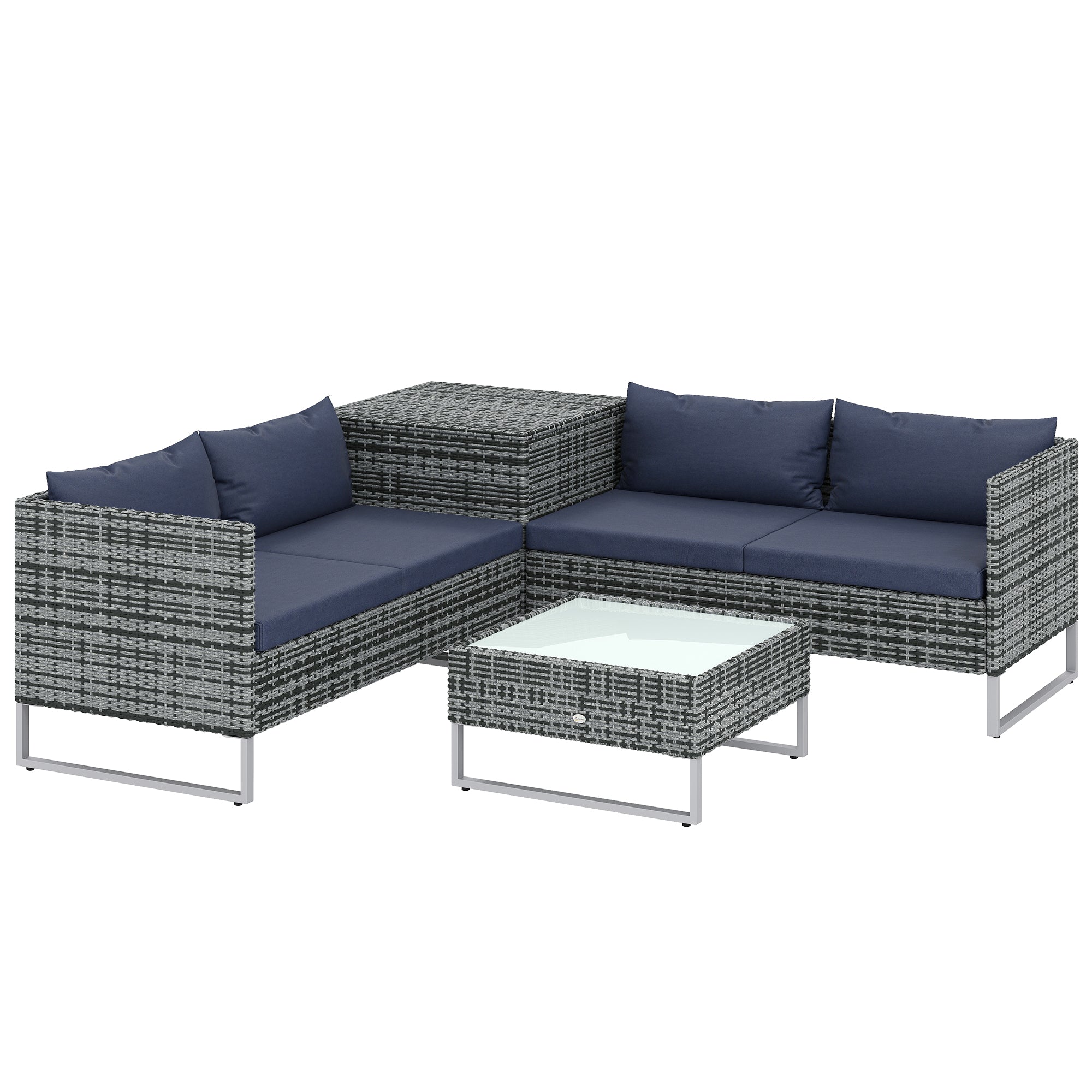 Outsunny 4 Piece Rattan Garden Furniture Set, Outdoor Corner Sofa Set with Storage Table, Loveseats, Cushions - Dark Blue 