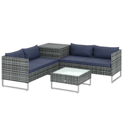 Outsunny 4 Piece Rattan Garden Furniture Set, Outdoor Corner Sofa Set with Storage Table, Loveseats, Cushions - Dark Blue 