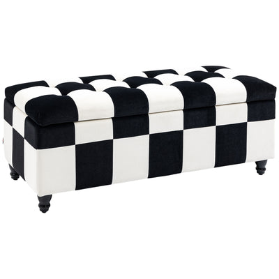 HOMCOM 114 x 47 x 47cm Velvet Storage Ottoman, Button-tufted Footstool Box, Toy Chest with Lid for Living Room, Bedroom, White and Black 
