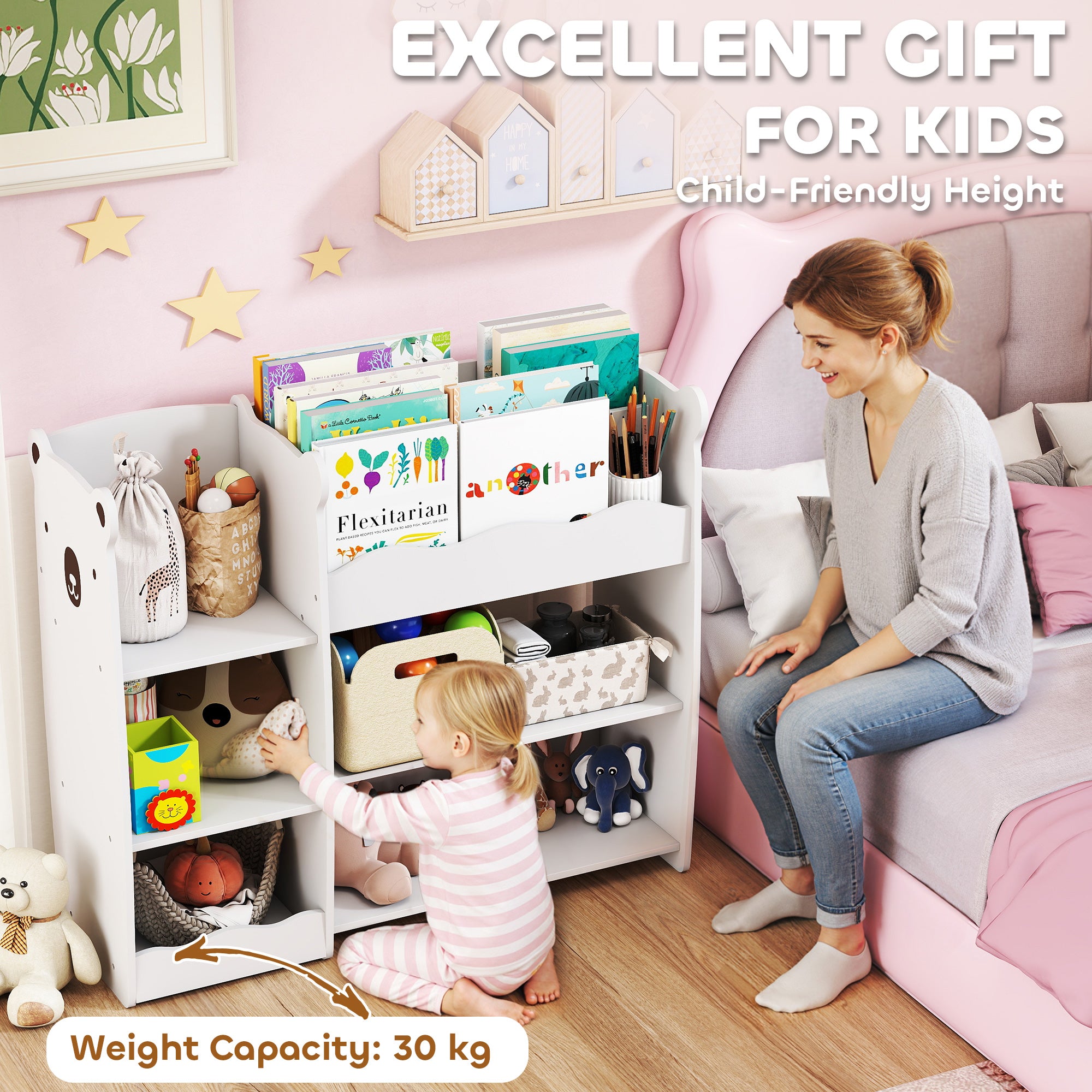 AIYAPLAY Kids Toy Storage Unit, Bear Design Kids Bookshelf and Toy Organiser, for Bedroom, Nursery, Playroom, White 