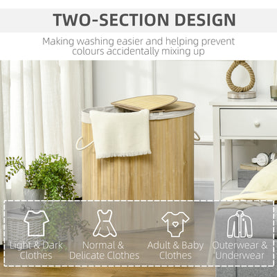 HOMCOM Bamboo Laundry Basket with Lid, 100 Litres Laundry Hamper with 2 Sections, Removable Washable Lining, Washing Baskets, 62.5 x 37 x 60.5cm, Natural 