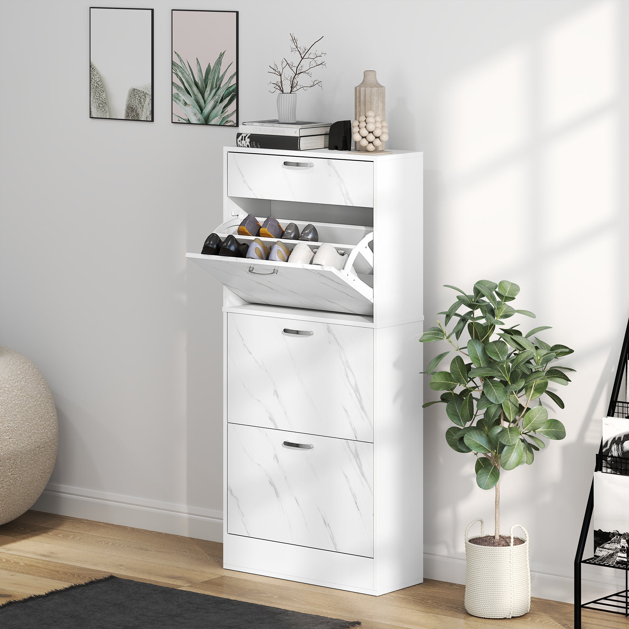 HOMCOM Marble Shoe Storage Cabinet with 3 Flip Drawers, Hallway Cabinet with Top Drawer and Adjustable Shelves, Shoe Cupboard for 18 Pairs, White 