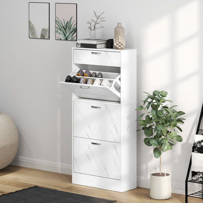 HOMCOM Marble Shoe Storage Cabinet with 3 Flip Drawers, Hallway Cabinet with Top Drawer and Adjustable Shelves, Shoe Cupboard for 18 Pairs, White 