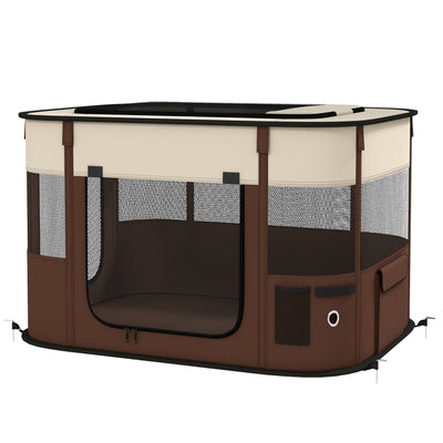 PawHut Foldable Dog Pen with Storage Bag for Indoor/Outdoor Use, Portable Pet playpen, with Ground Stakes - Brown 