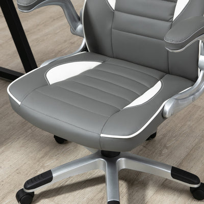Vinsetto Computer Gaming Chair, Office Desk Swivel Chair, PU Leather Racing Chair with 90\'c2\'b0 Flip-up Armrest, Adjustable Height and Rolling Wheels, Grey 