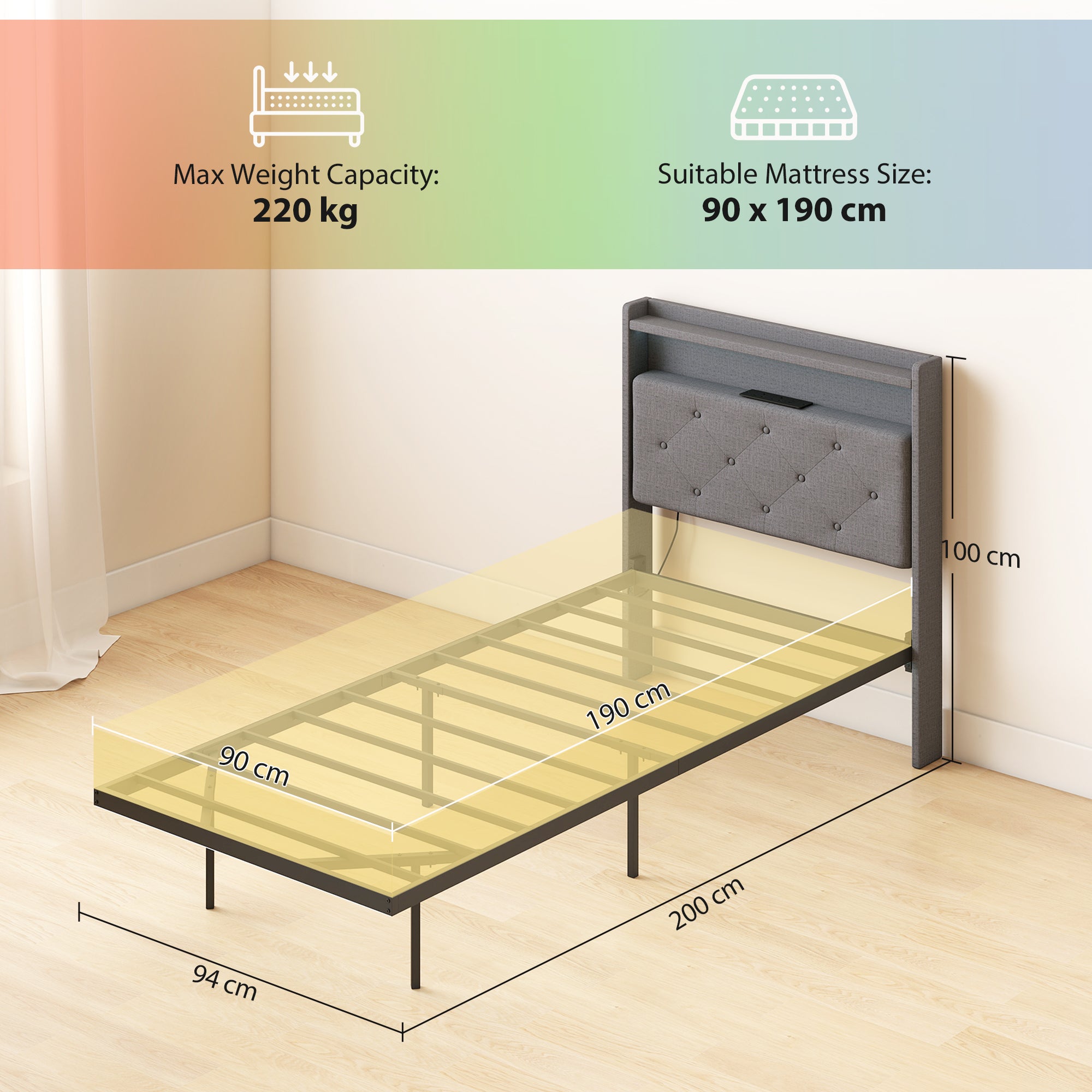 HOMCOM Floating Bed Frame, Upholstered 3ft Single Size Bed, Platform Bed with RGB LED Lights and Charging Station, Grey 