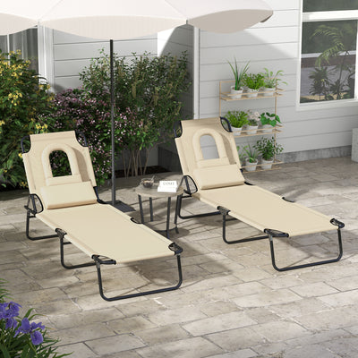 Outsunny Outdoor Foldable Sun Lounger Set of 2, 4 Level Adjustable Backrest Reclining Sun Lounger Chair with Pillow and Reading Hole, Sand 