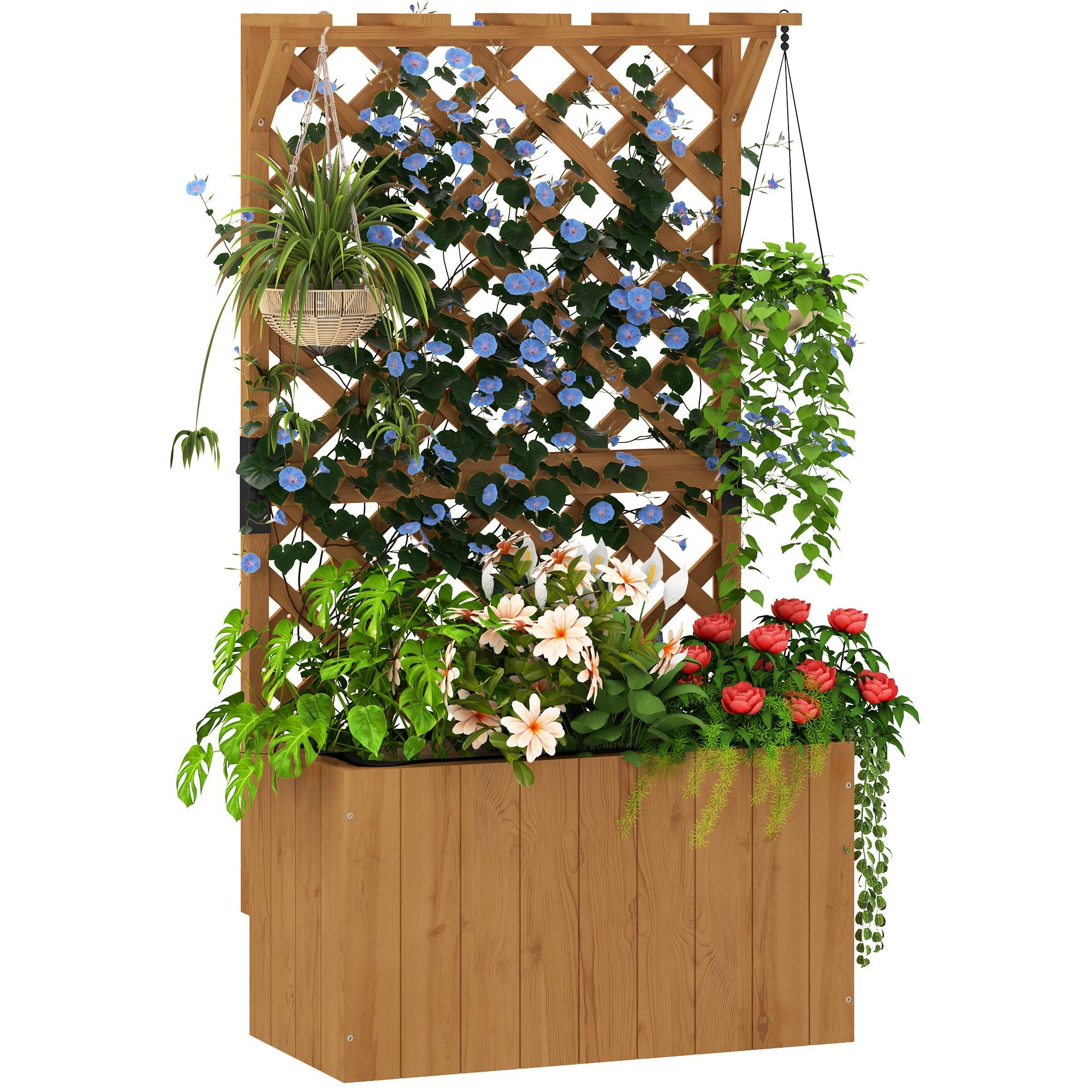 Outsunny Wooden Planter with Trellis, Freestanding Raised Garden Bed with Drainage Holes, Outdoor Planter Box with Liner for Vegetables, Herbs and Flowers, Natural 