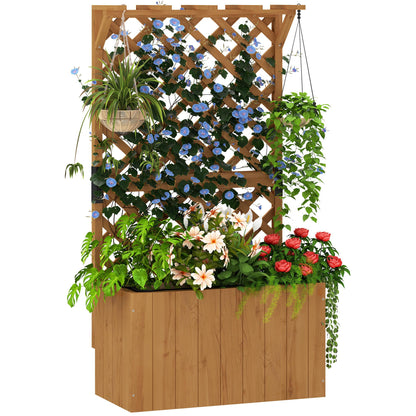Outsunny Wooden Planter with Trellis, Freestanding Raised Garden Bed with Drainage Holes, Outdoor Planter Box with Liner for Vegetables, Herbs and Flowers, Natural 