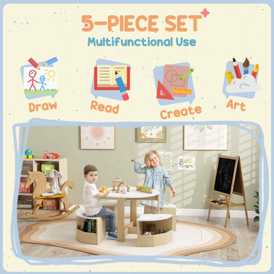 AIYAPLAY Five-Piece Kids Table and Chairs Set with Storage, for Ages 3-8 Years, White 