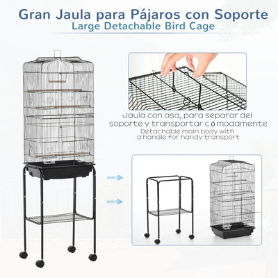 PawHut Bird Cage Budgie Cages for Finch Canary Parakeet with Stand Wheels Slide-out Tray Accessories Storage Shelf, Black 46.5 x 36 x 157 cm 