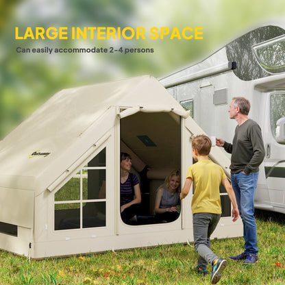 Outsunny Inflatable Camping Tent with Pump, Easy Setup 2-4 Person Blow Up Tent, Waterproof Luxury Inflatable Tent with Mesh Windows, Doors, Hook and Carry Bag, Beige 