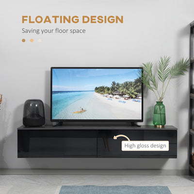 HOMCOM 160cm High Gloss Floating TV Unit Stand for TVs up to 70", Wall Mounted TV Cabinet with Storage Cupboards, Grey and Black 