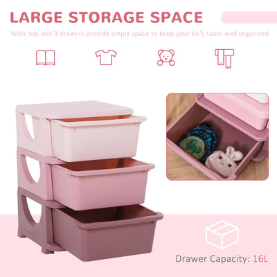 HOMCOM Kids Storage Units with 3 Drawers 3 Tier Chest Vertical Dresser Tower Toy Organizer for Nursery Playroom Kindergarten Pink 