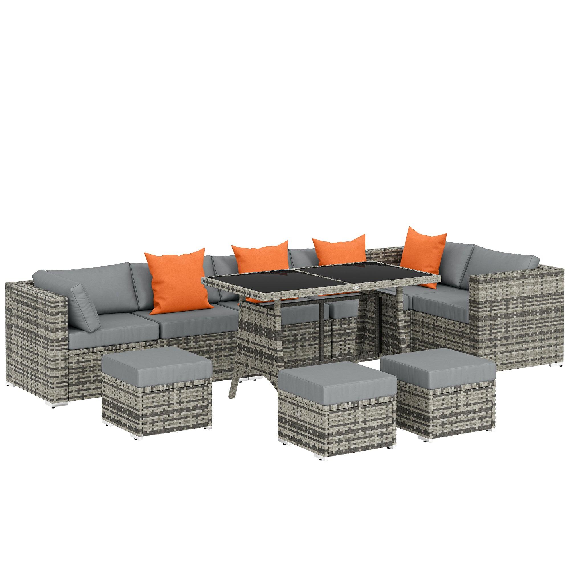 Outsunny 10 Piece Rattan Garden Furniture Set, 2 Corner Sofas with 4 Chairs, 4 Stools and Coffee Table, Outdoor Patio Furniture 