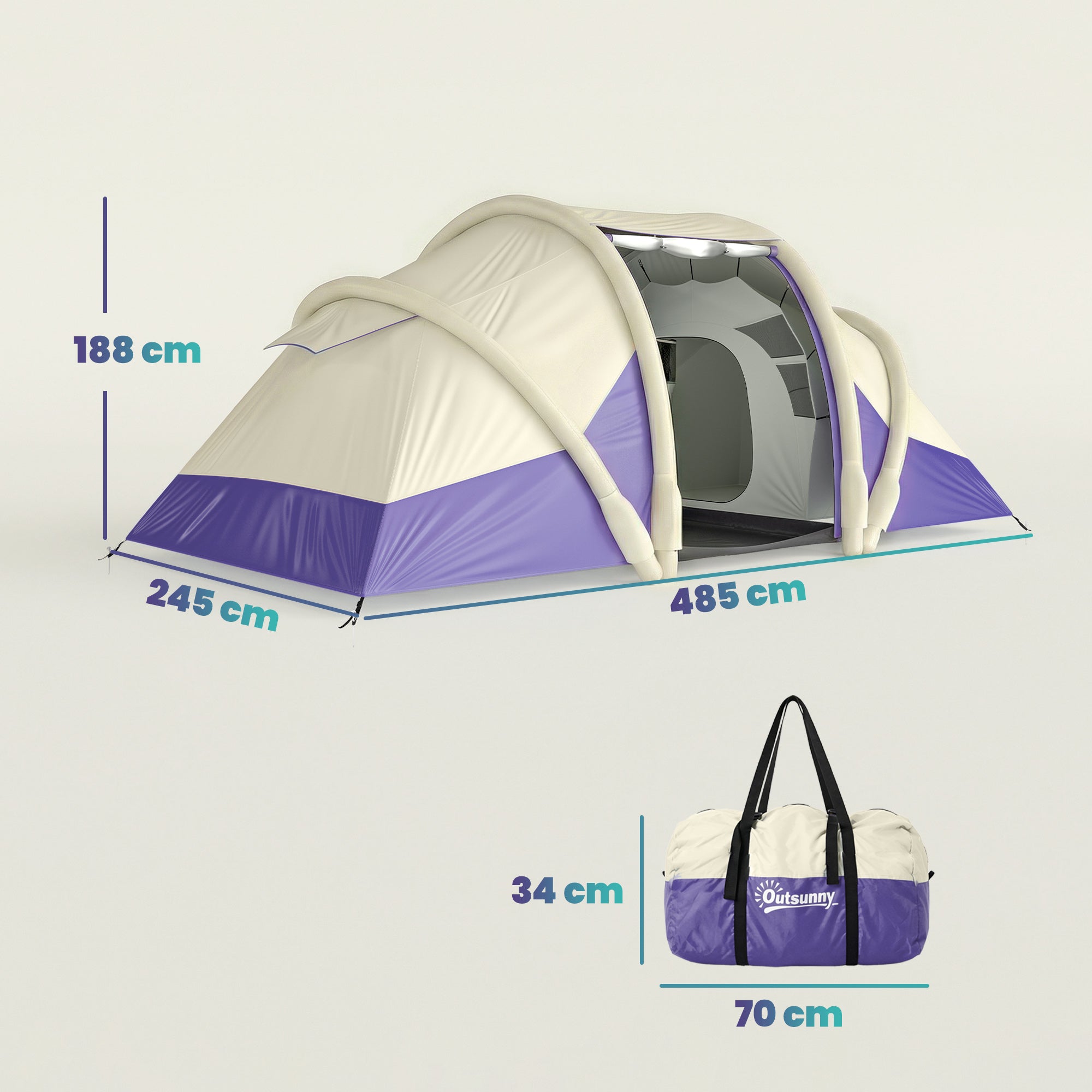 Outsunny Inflatable Tent 2 Bedroom 3000mm Waterproof Windproof Air Tent with Carry Bag for 4 Person 