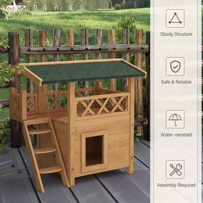 PawHut Cat House Outdoor w/ Balcony Stairs Roof, 77 x 50 x 73 cm, Natural Wood Finish 