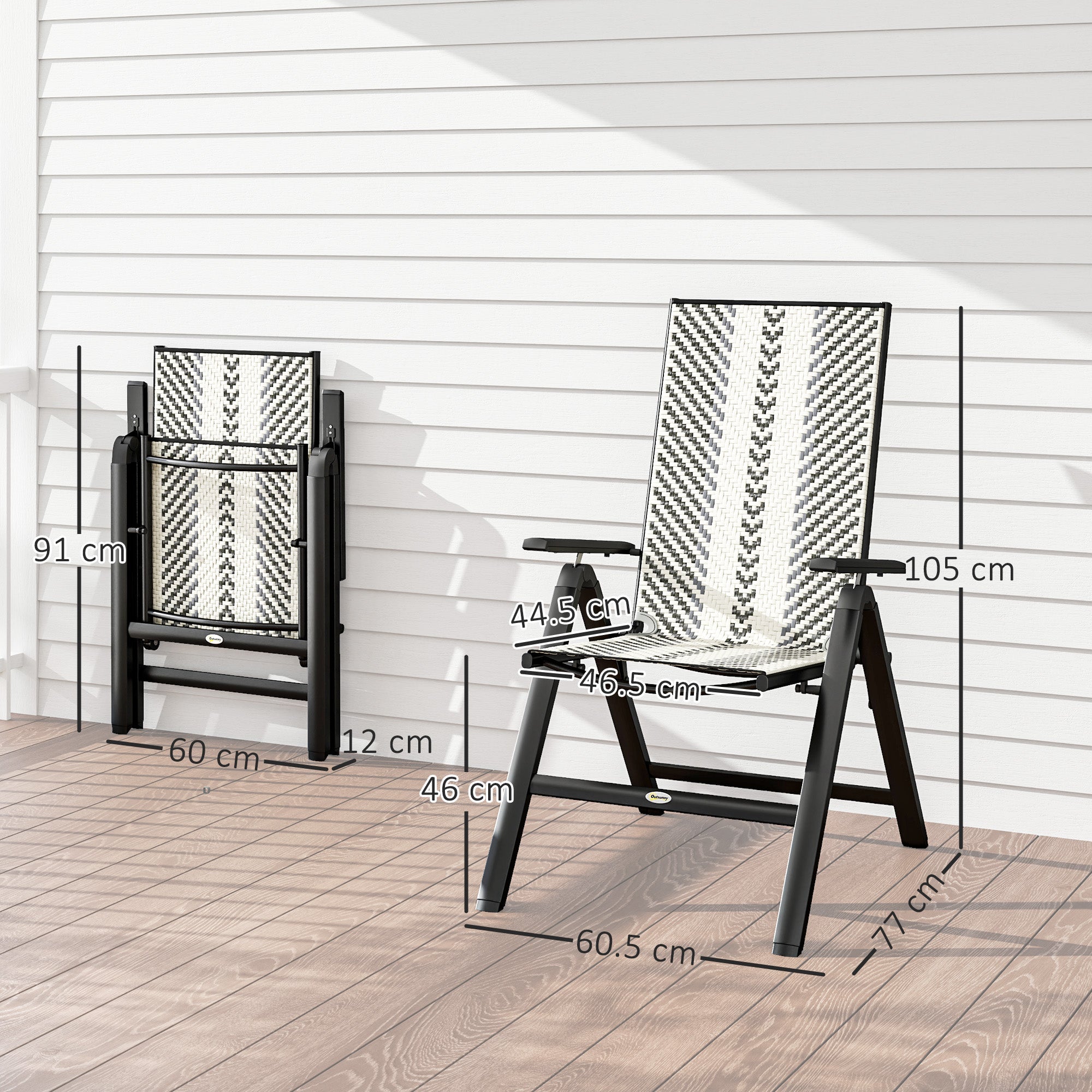 Outsunny Outdoor Rattan Folding Chair with 5-Position Adjustable Backrest, Wicker Garden Dining Chair with Wide Armrest, Set of 2 for Patio, Terrace, Balcony, Grey 