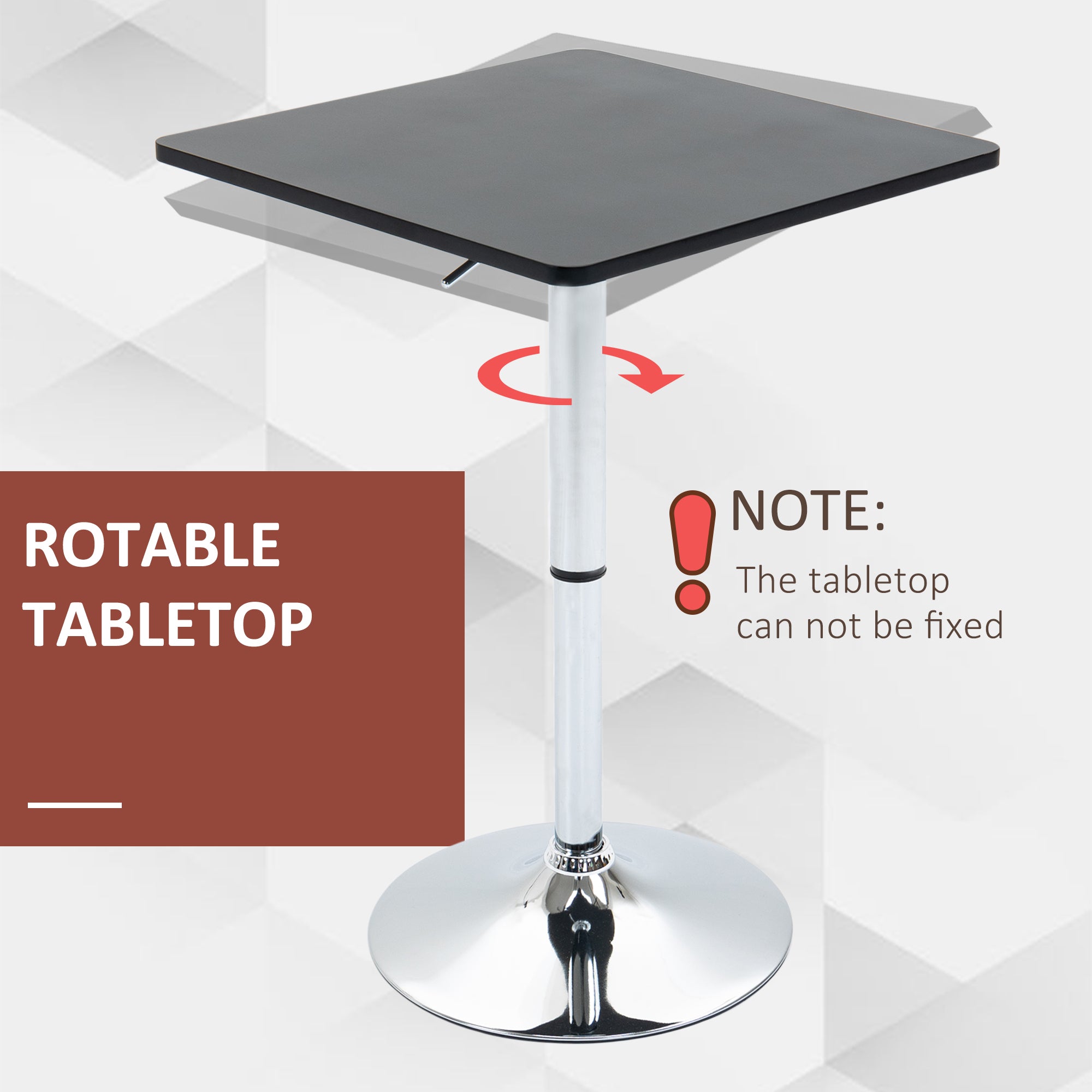 HOMCOM Modern Height Adjustable Counter Bar Table with 360° Swivel Tabletop and Electroplating Metal Base, Pub Desk for Living Room, Kitchen, Restaurant, Pub, Black and Silver 