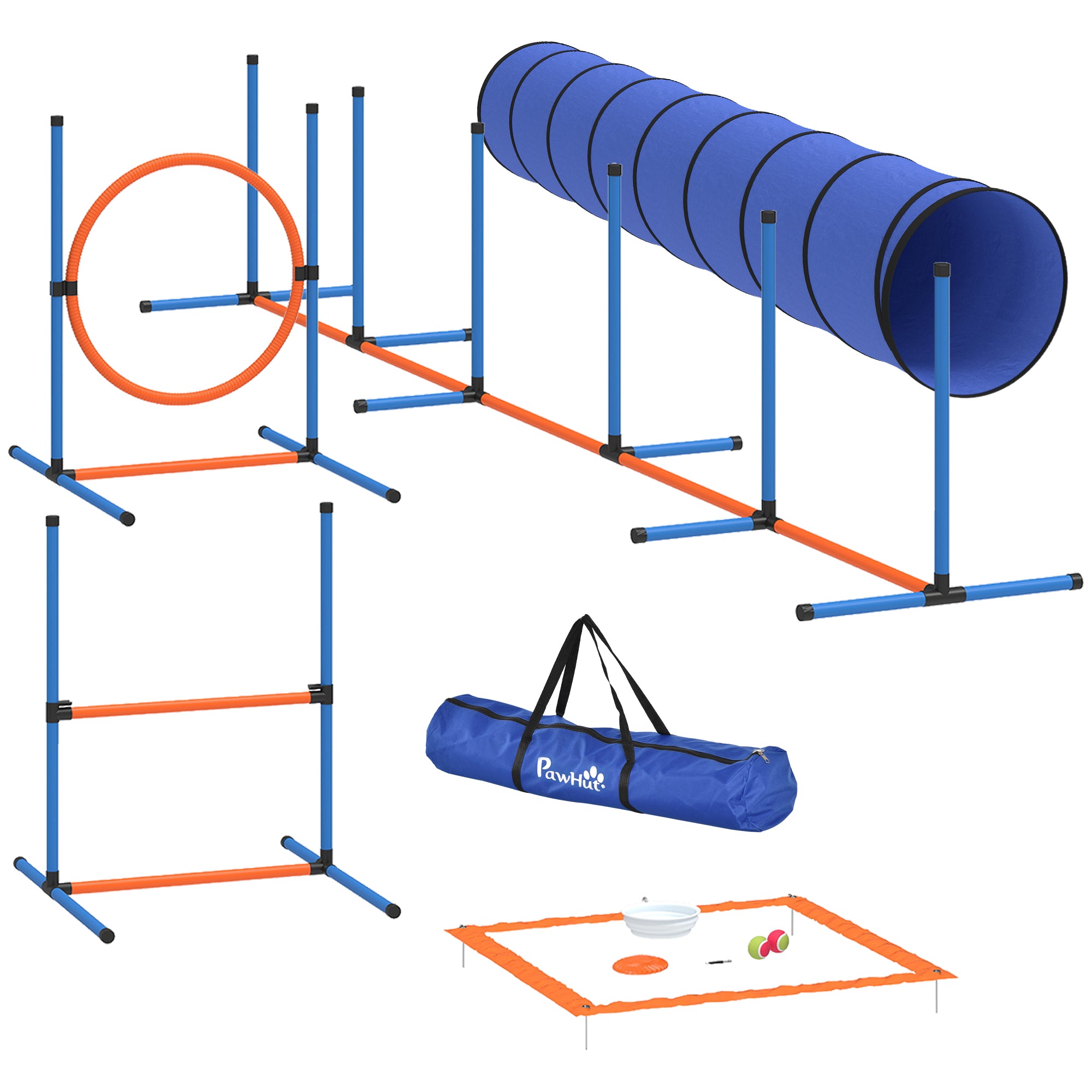PawHut Dog Agility Equipment, 8PCS Agility Training Set with Tunnel, Weave Poles, Adjustable Hurdles, Jump Ring 