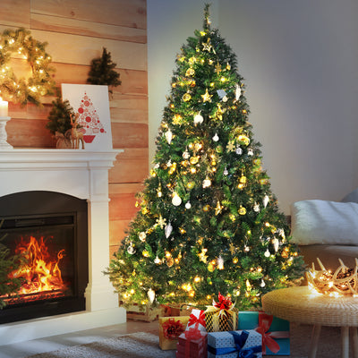HOMCOM 1.8m 6ft Pre-Lit Artificial Christmas Tree 200 LED Xmas Tree Holiday Décor with Decorative Balls Ornament Metal Stand 