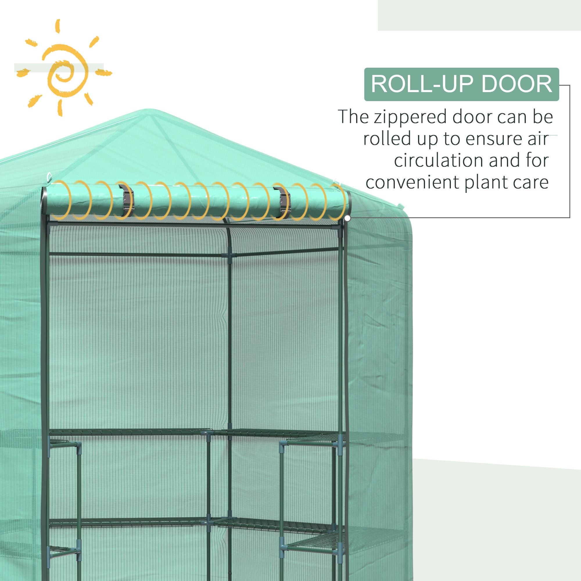 Outsunny Hexagon Walk In Greenhouse with Shelves, Outdoor Green House Grow House with Waterproof PE Cover and Roll-up Door, 228 x 196 x 215 cm, Green 