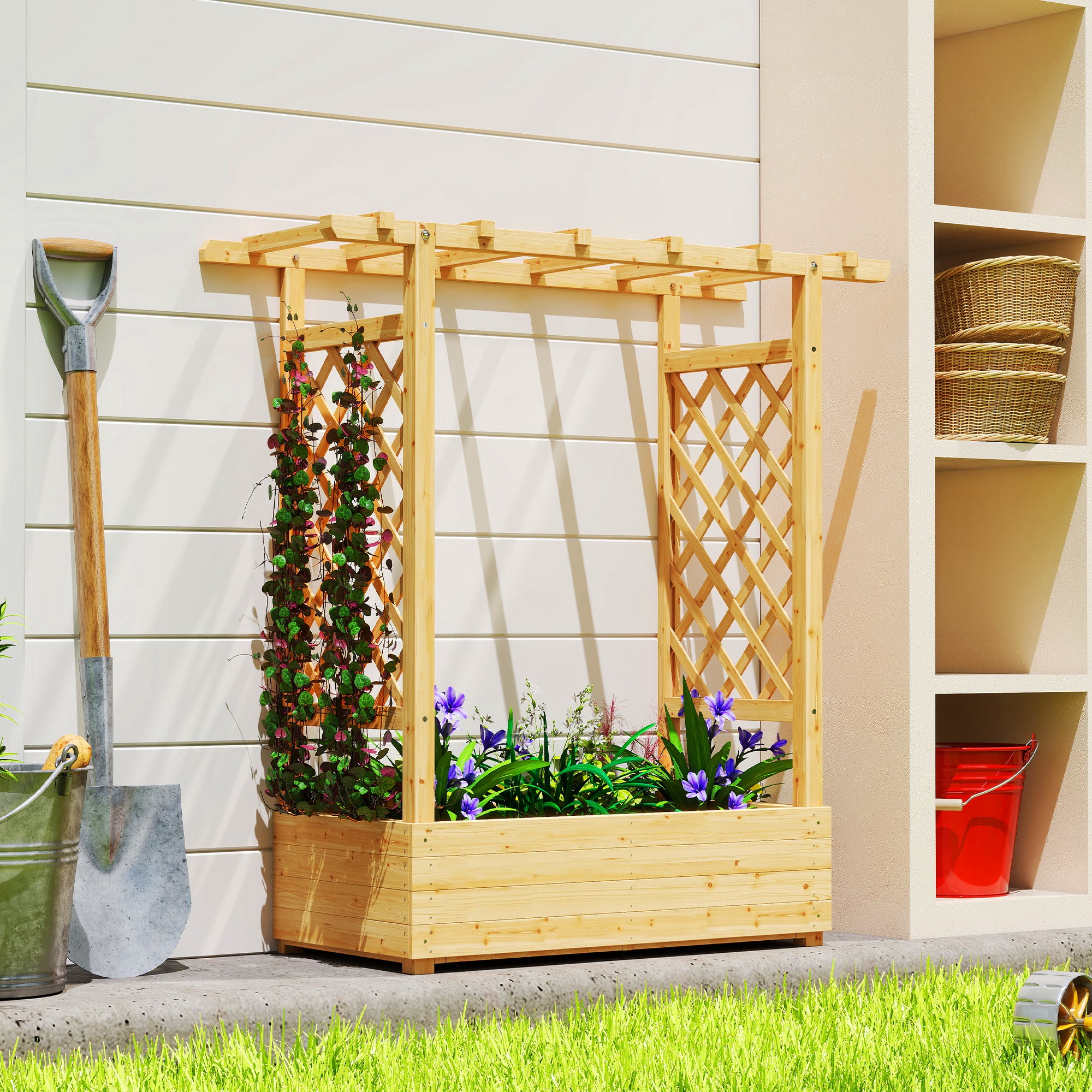 Outsunny Garden Planter with Trellis, Wooden Raised Bed for Garden with Hanging Roof and Drainage Holes, Outdoor Trellis Planter Box for Vegetables, Herbs and Flowers, 110 x 44 x 113 cm, Natural 
