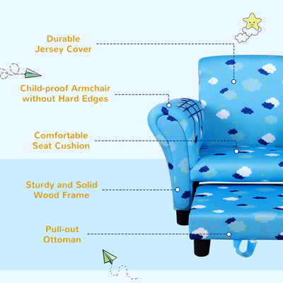 HOMCOM Toddler Chair Children's Armchairs Wood Frame w/ Footrest Anti-Slip Legs High Back Arms for Bedroom Playroom Cute Cloud Star Blue 