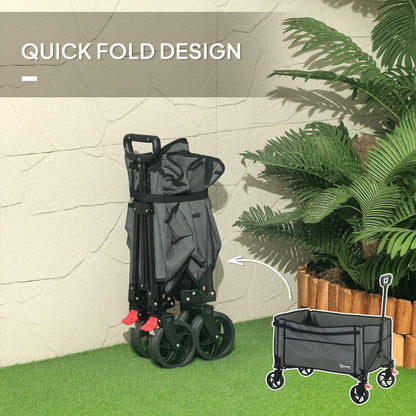 Outsunny Folding Trolley on Wheels, 150L Collapsible Wagon Festival Trolley Cart with Openable Sides, Adjustable Handle and Brakes for Shopping Camping Beach and Garden, Grey 