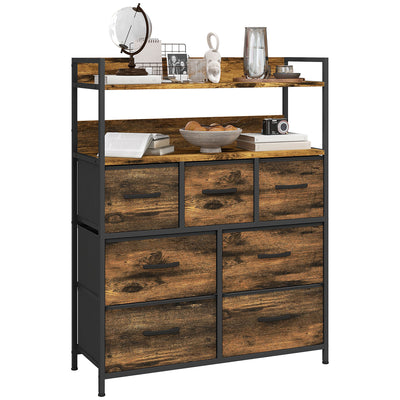 HOMCOM Rustic Chest of Seven Fabric Drawers - Rustic Brown 