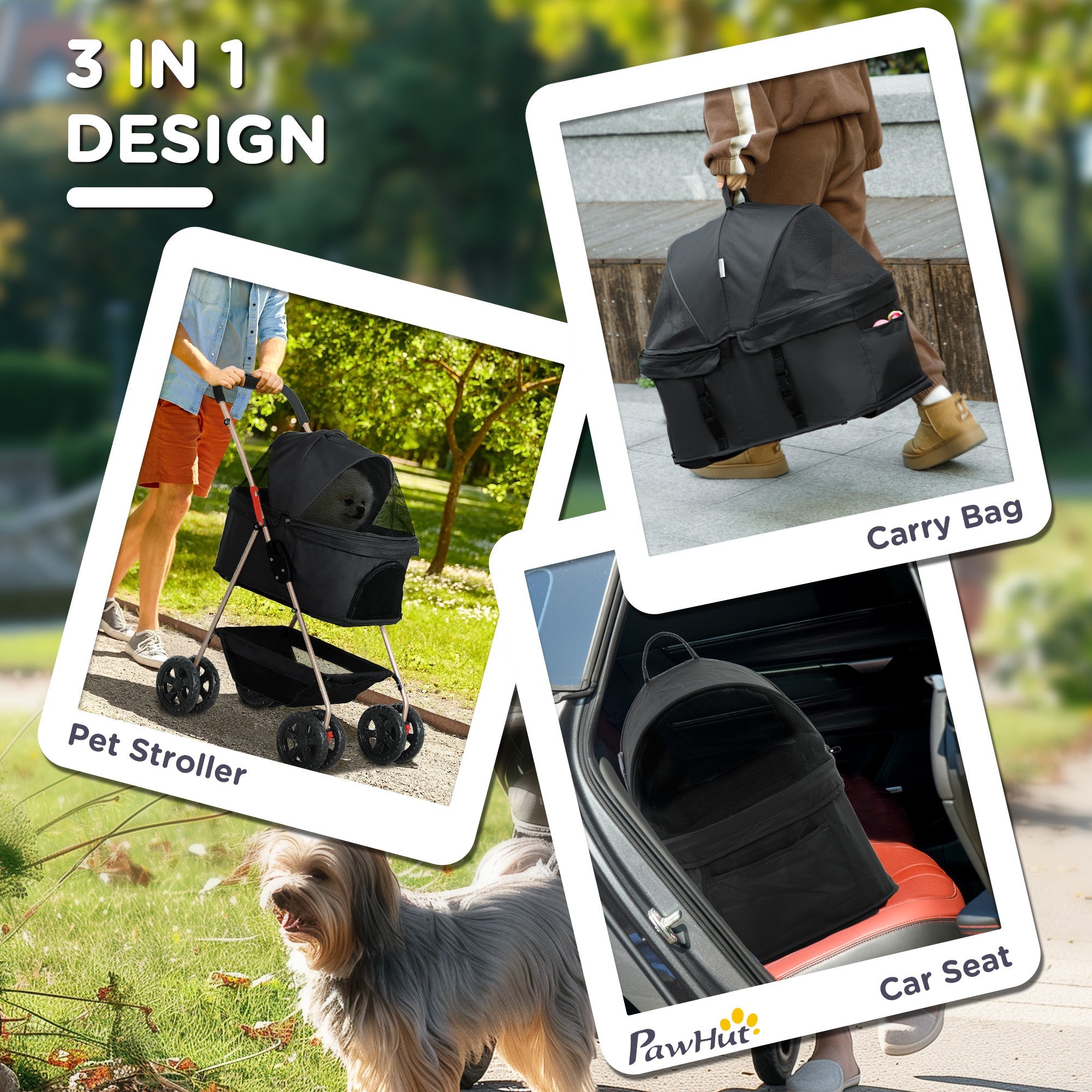 PawHut 3 in 1 Pet Stroller, Folding 4 Wheels Dog Pram with Detachable Carrier for Mini Dogs Cats, Black 