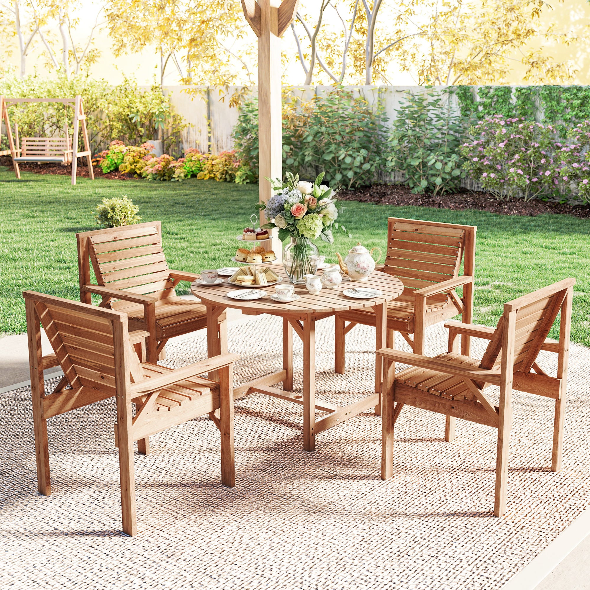 Outsunny 5 Pieces Garden Dining Set with Parasol Hole, Round Outdoor Table and Chairs, 4 Seater Wooden Garden Furniture, Natural 