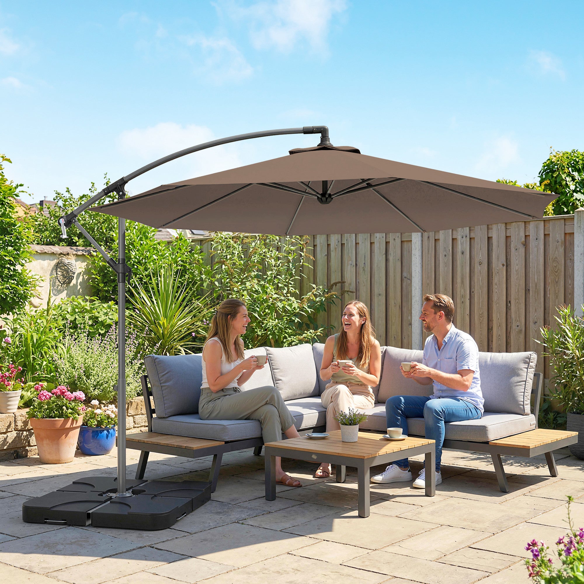 Outsunny 3m Overhanging Parasol, with Base, Weights and Cover - Coffee 