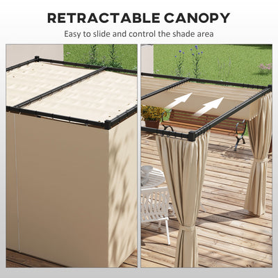 Outsunny 3 x 3(m) Retractable Pergola, Garden Gazebo Shelter with Curtains, for Grill, Patio, Deck, Beige 
