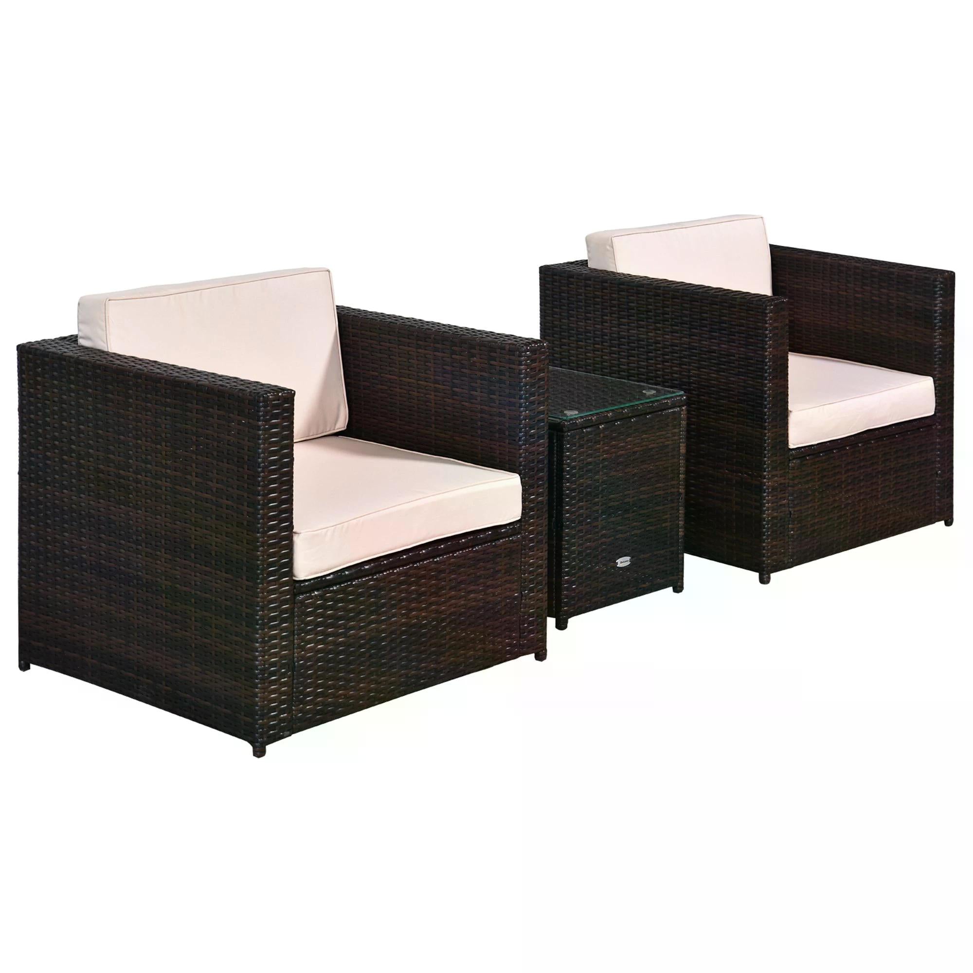 Outsunny 2-Seater Rattan Sofa  Furniture Set W/Cushions, Steel Frame-Brown 