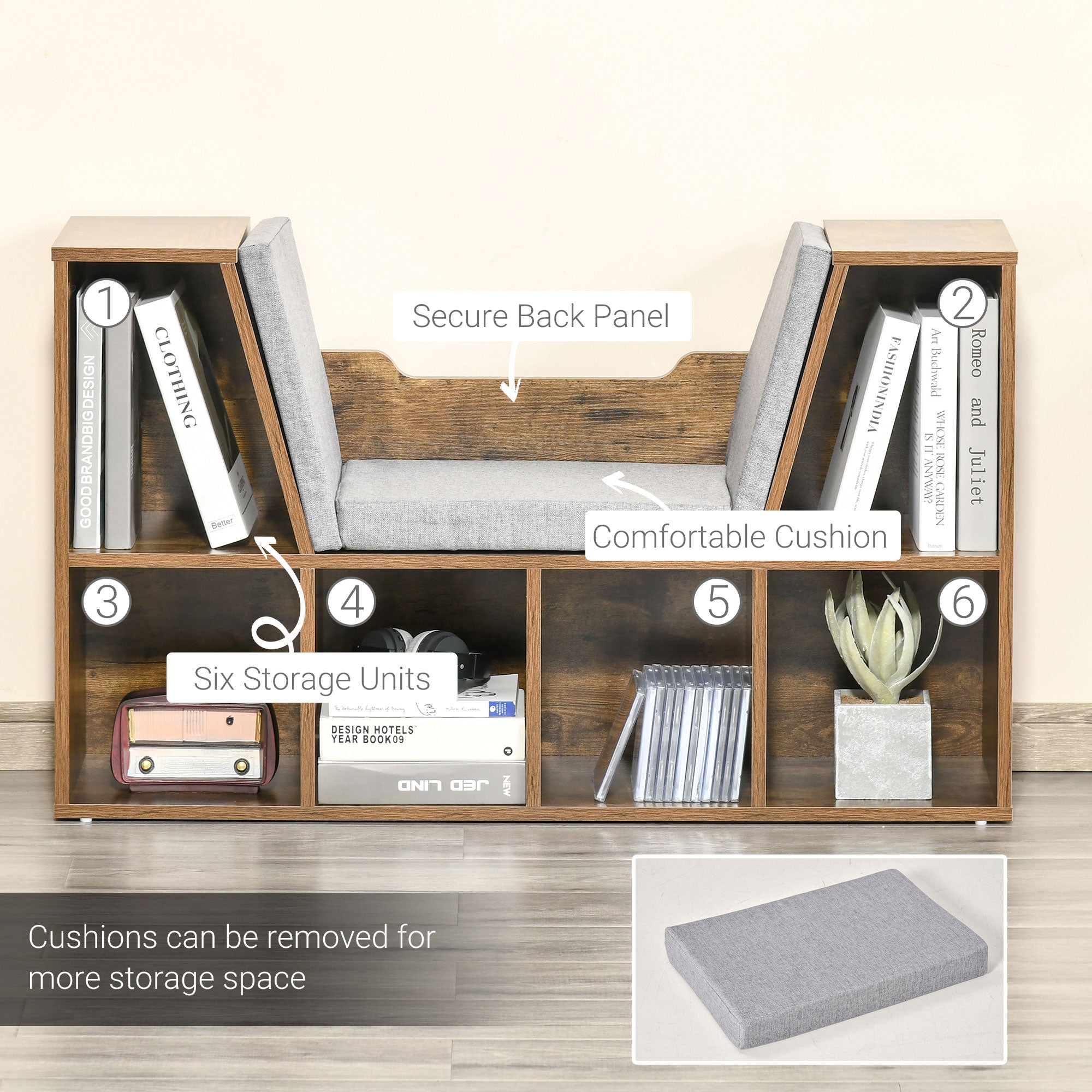 HOMCOM Bookcase Storage Shelf with Cushioned Reading Seat, Cube Bookshelf Organizer for Bedroom Living Room, Rustic Brown 