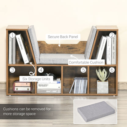 HOMCOM Bookcase Storage Shelf with Cushioned Reading Seat, Cube Bookshelf Organizer for Bedroom Living Room, Rustic Brown 