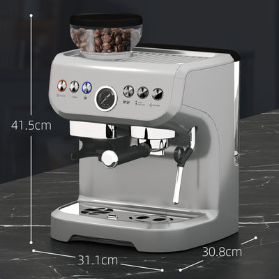 HOMCOM 15 Bar Coffee Machine, with Adjustable Grind, Steamer and Accessories - Silver Colour 