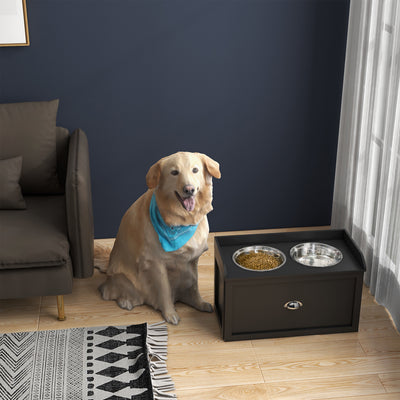 PawHut Stainless Steel Raised Dog Bowls, with 21L Storage Drawer for Large Dogs and Cats - Black 