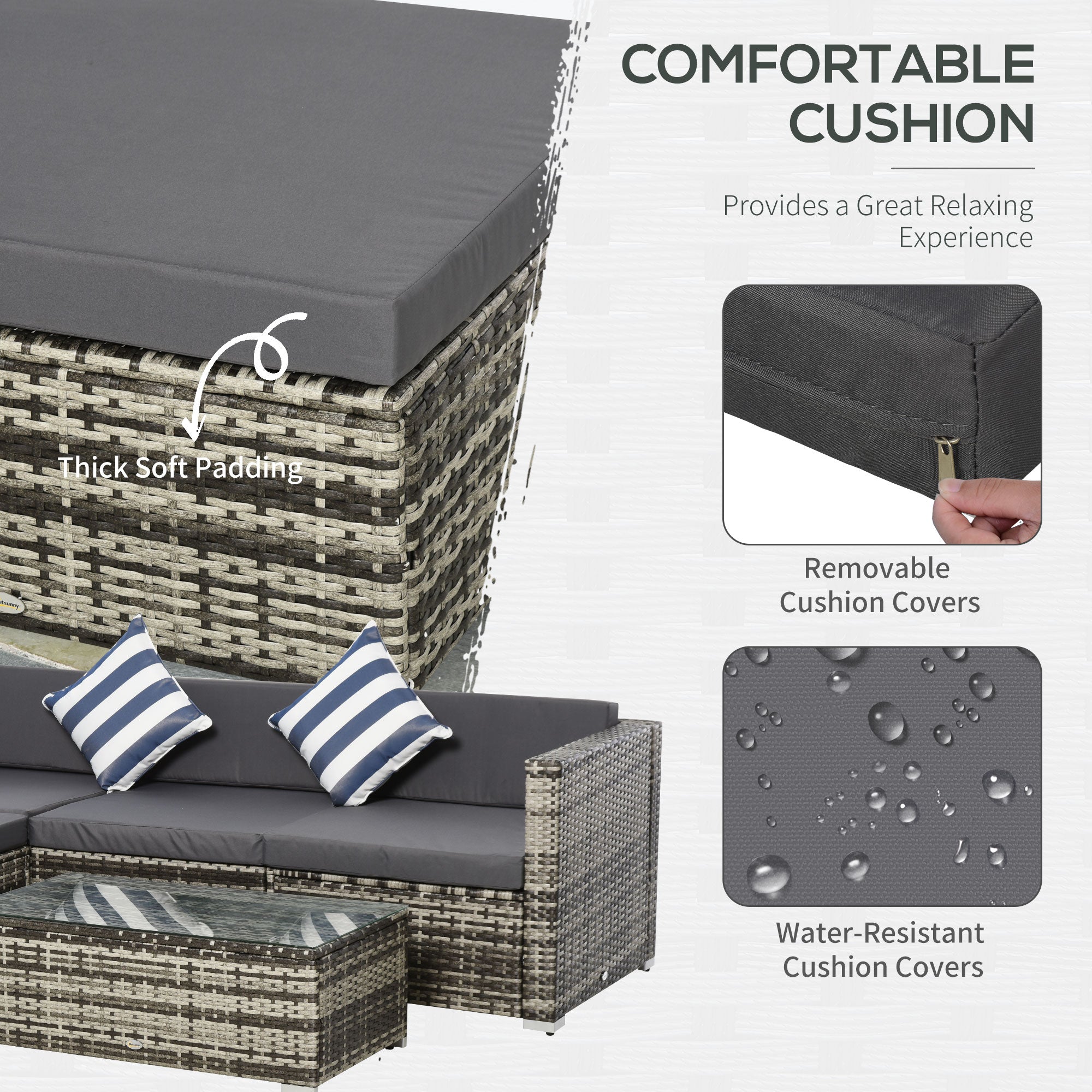 Outsunny 4-Seater Rattan Sofa Set Wicker Sectional Furniture Cushion Grey Garden 
