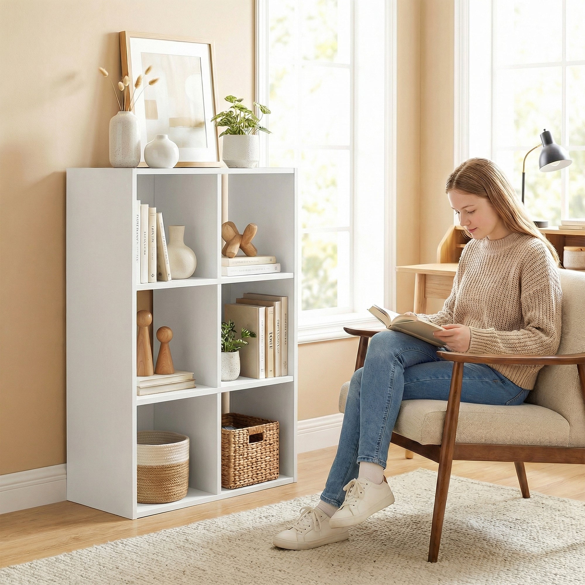 HOMCOM Industrial Style Storage Shelf, Bookcase, Bookshelf with 6 Compartments, for Living Room, Home Study, White Wood Effect 