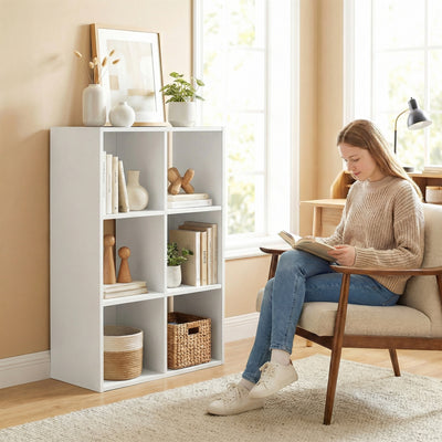HOMCOM Industrial Style Storage Shelf, Bookcase, Bookshelf with 6 Compartments, for Living Room, Home Study, White Wood Effect 