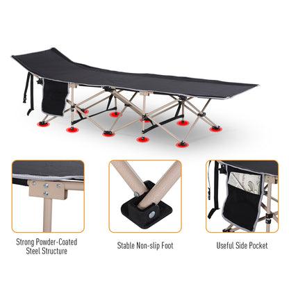 Outsunny Single Person Camping Bed Folding Cot Outdoor Patio Portable Military Sleeping Bed Travel Guest Leisure Fishing with Side Pocket and Carry Bag - Black 