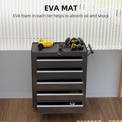 HOMCOM 5-Drawer Tool Chest with Wheels, Steel Lockable Tool Storage Cabinet with Handle, 2 Keys for Garage, Workshop, Black 
