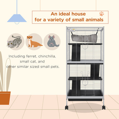 PawHut Small Animal Cage Pet Play House with Wheels Platforms Light Grey 