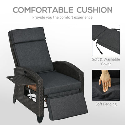 Outsunny Outdoor Recliner Chair with Adjustable Backrest and Footrest, Cushion, Side Tray, Grey 