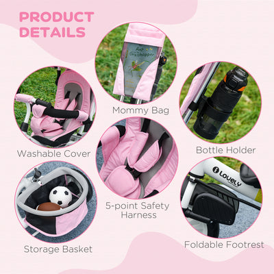 HOMCOM 6 in 1 Kids Trike with Parent Handle, Canopy, 5-point Safety Belt, Storage, Footrest, Brake, for 1-5 Years, Pink 