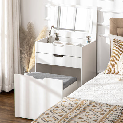 HOMCOM Dressing Table with Flip-up Mirror and Storage Stool, Vanity Table with Drawer and Hidden Compartments for Bedroom, Living Room, White 